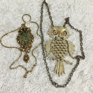 2 Vintage Necklaces Vintage Chipped Jade and Articulated Owl